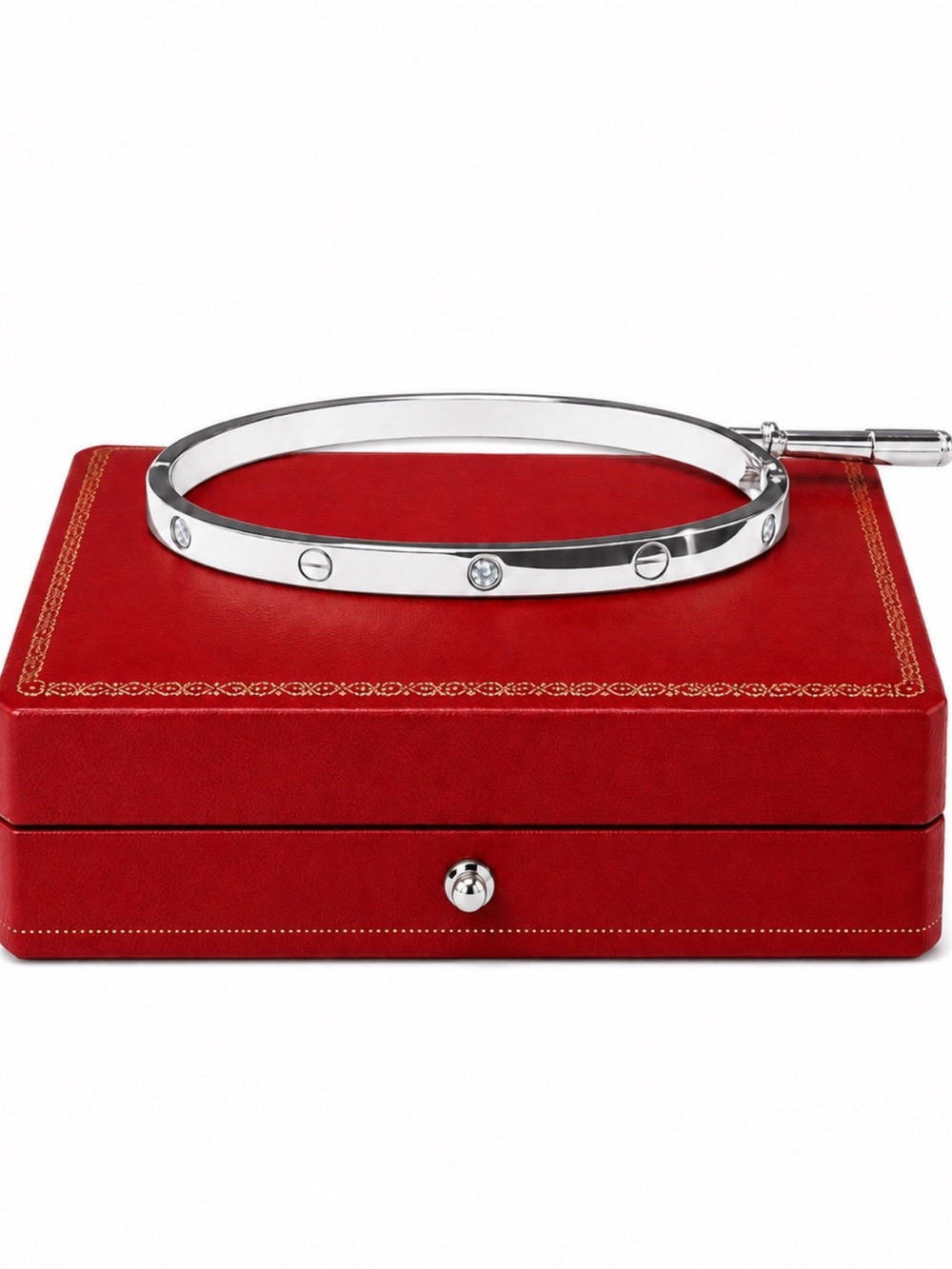 Stamped Love Platinum Silver Thin Version Bangle Bracelet with Stones